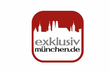 Zu sehen ist das weiß roto Logo von exklusiv münchen.de