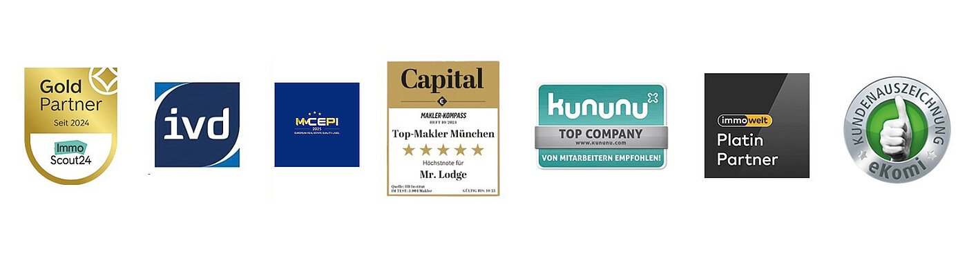 Qualitätssiegel von Mr. Lodge Qualitätssiegel von Mr. Lodge im Überblick – ausgezeichnet als ImmoScout24 Gold Partner, Capital Top-Makler München, immowelt Platin Partner, kununu Top Company, IVD-Mitglied, eKomi Kundenauszeichnung und Träger des europäischen MMCEPI Qualitätssiegels 2025 für herausragende Immobilienstandards.